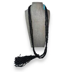 Vintage About Color Black Glass Seed Bead Tassel Necklace 30" Original Tag